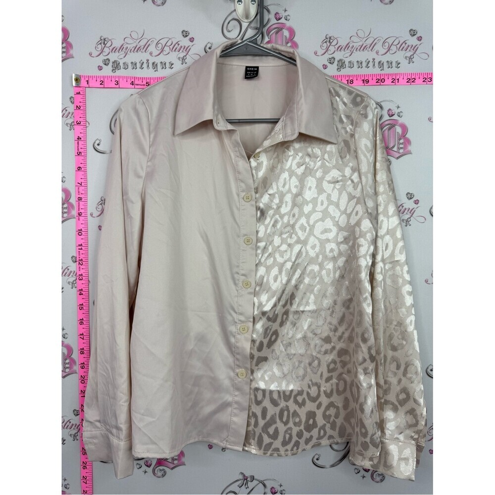 SHEIN shirt shiny cheetah Pale Pink Satin-Look Blouse